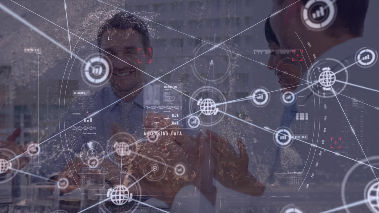 Animation of connected icons, map and building over diverse coworkers applauding for manager