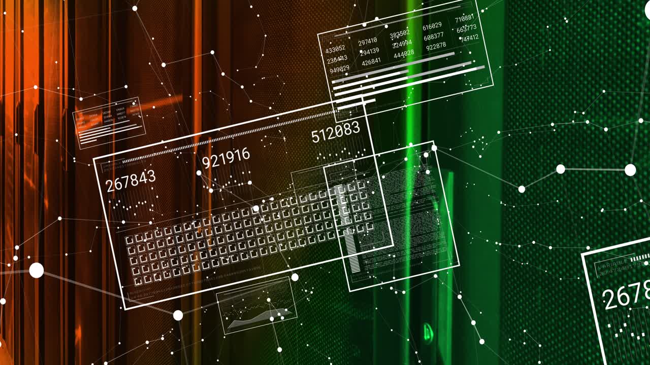 Animation of interface with data processing and network of connections against computer server room