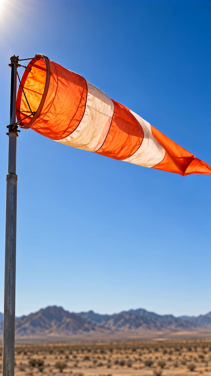 Stripete oransje og hvit vindpølse endrer form mens den blafrer til siden fra en metallmast, med tørr bakke og robust fjellrygg synlig under en lys, skyfri himmel