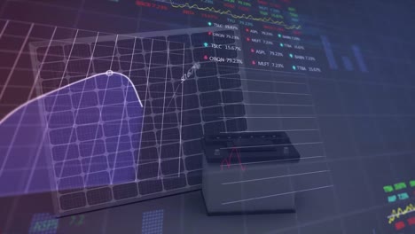 Animation-of-trading-boards,-graphs-and-loading-circles-over-car-battery-and-solar-panel