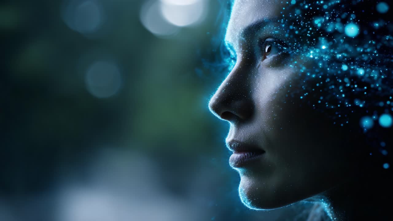 A mesmerizing close-up of a woman surrounded by ethereal blue particles, showcasing the intersection of beauty and digital artistry in a captivating light