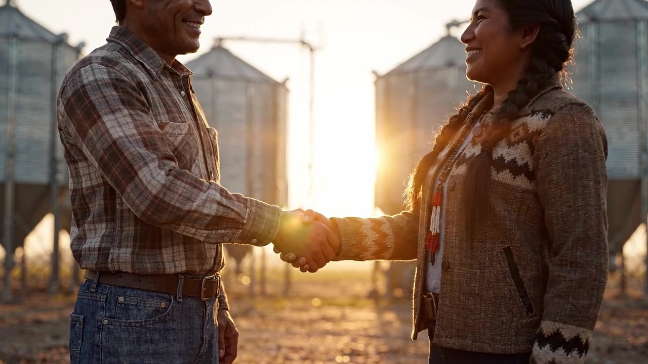 Um aperto de mão significativo entre dois indivíduos ao pôr do sol, simbolizando conexão, acordo e o início de uma jornada colaborativa em um cenário rural.