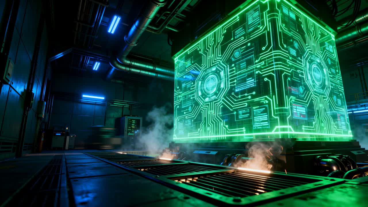 Pulsing cube showing green circuit glow while camera pushing closer in lab, venting steam, powering