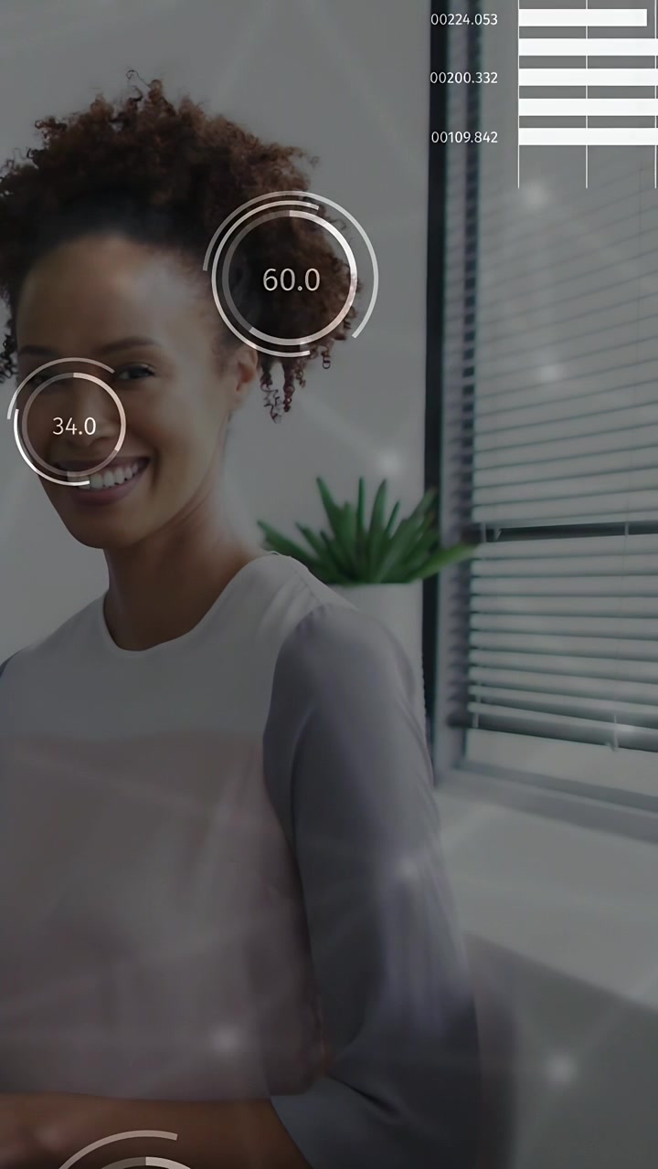 Vertical video: Smiling woman sitting, circular HUD popping over her, moving numbers bars for tech