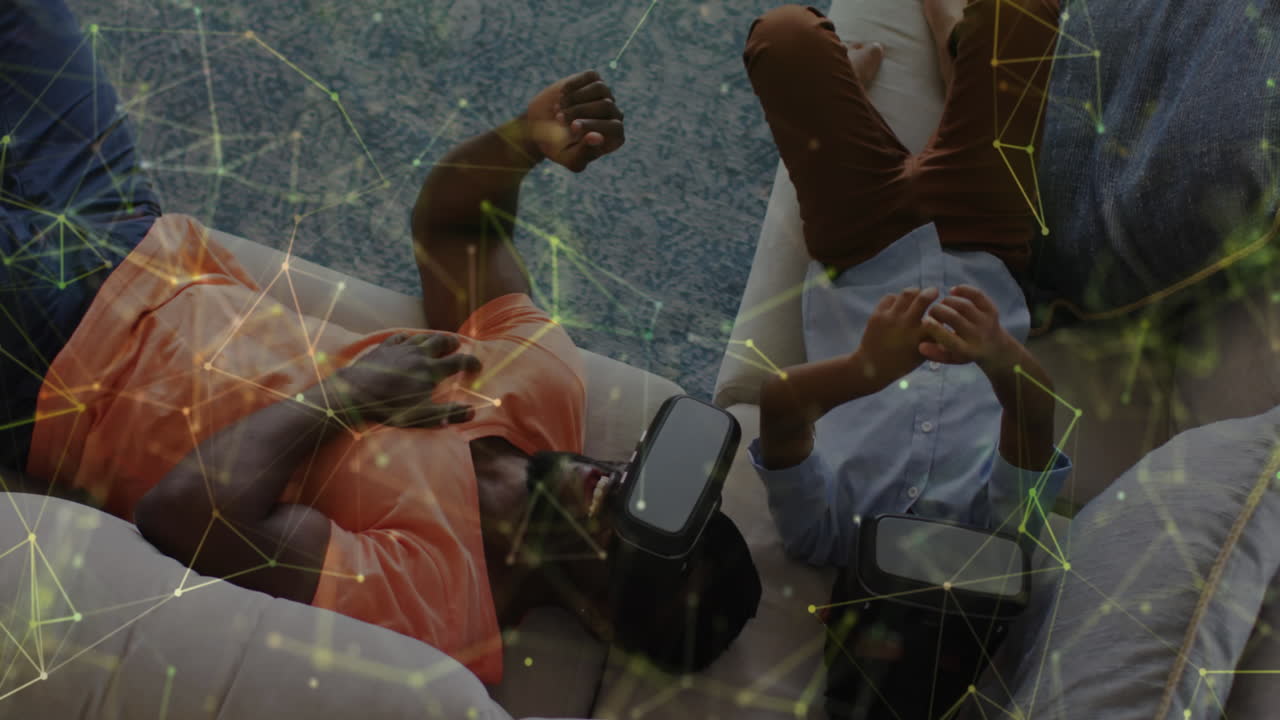 행복한 아프리카계 미국인 아버지가 vr 헤드 ⁇ 을 착용한 별자리의 애니메이션