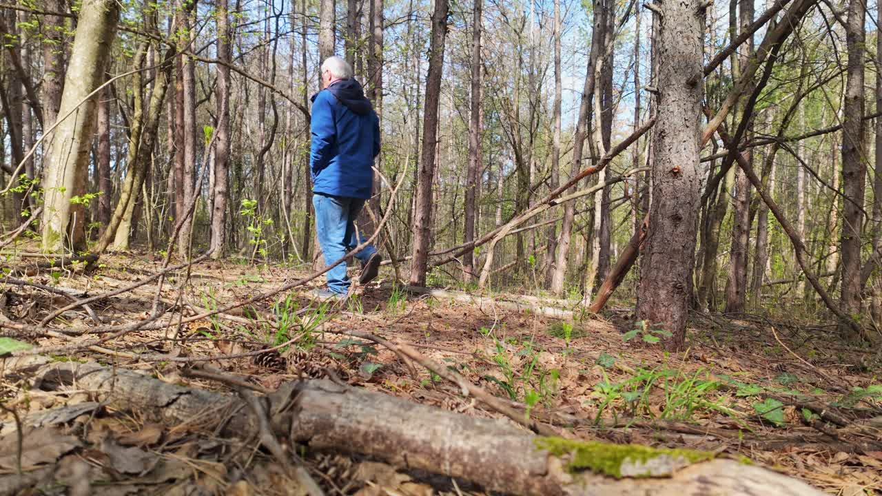 Senior old man enjoys woodland nature walk exercise in early spring
