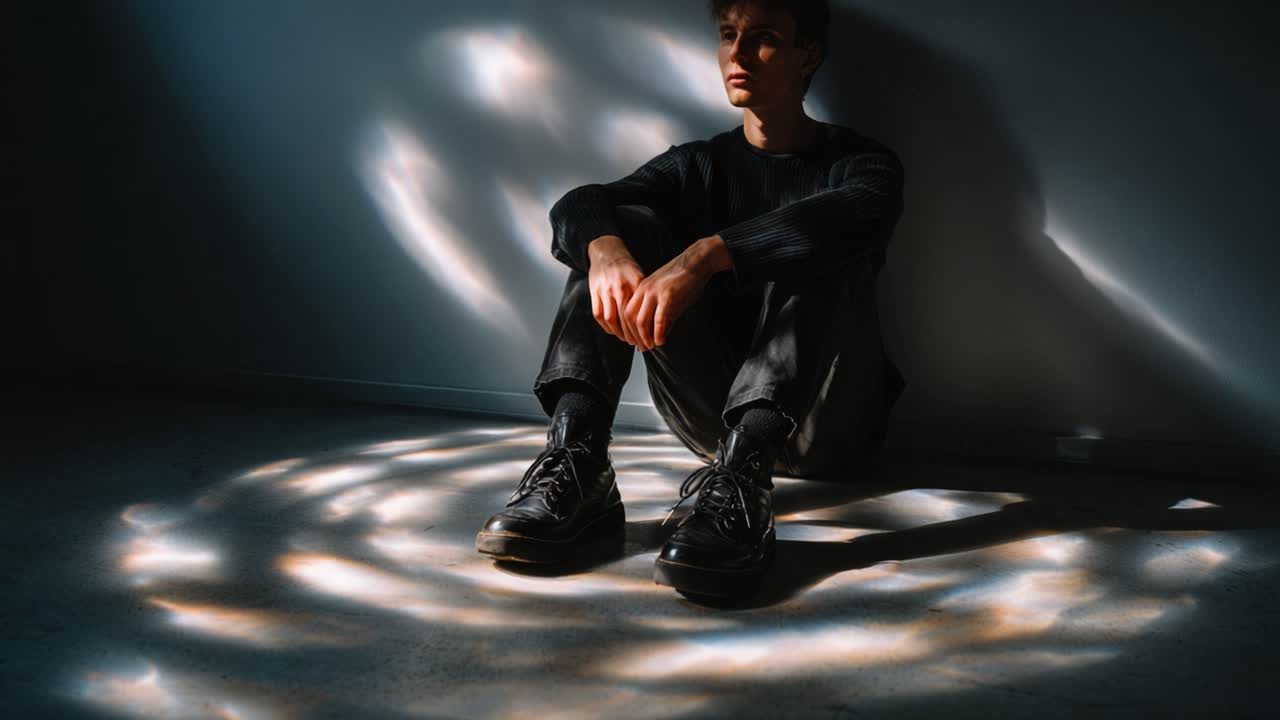Uma figura solitária sentada contra uma parede, iluminada por padrões de luz suaves e coloridos no chão, evoca sentimentos de introspecção e calma.