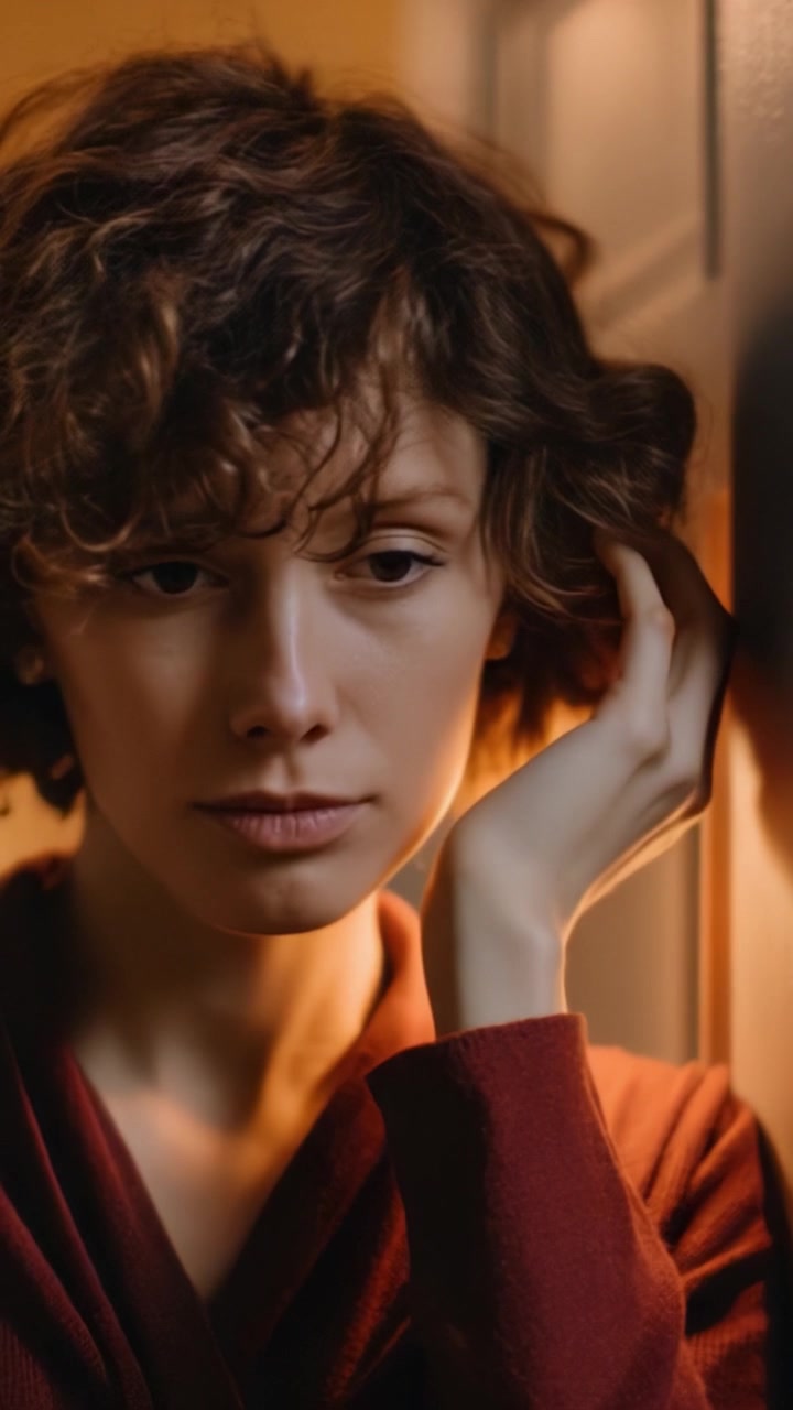 Contemplative Moment: A Young Woman in Thoughtful Reflection, Expressing Emotion with Hand to Face in Warm, Soft Ambiance of Intimate Indoor Setting