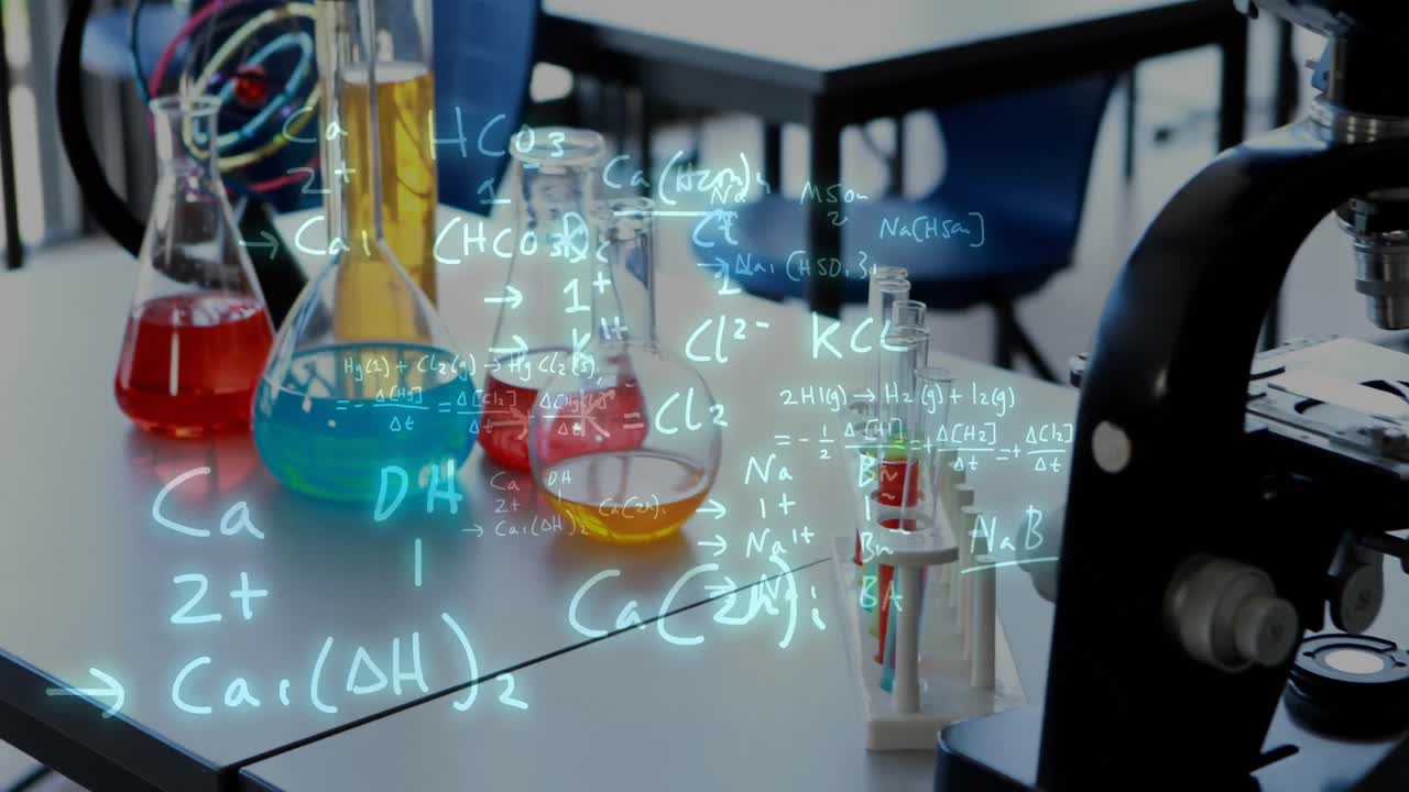 실험실에서 다채로운 병에 대한 수학적 방정식의 애니메이션