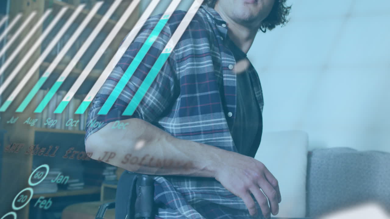 animación de gráficos, globo terrestre y lenguaje informático sobre discapacidad hombre caucásico mirando por la ventana