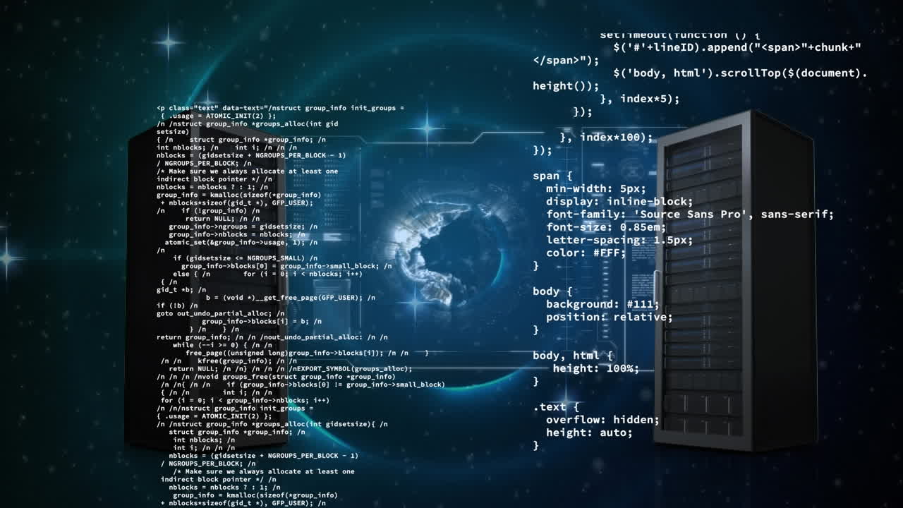 animação de processamento de dados com globo e servidores em fundo preto.