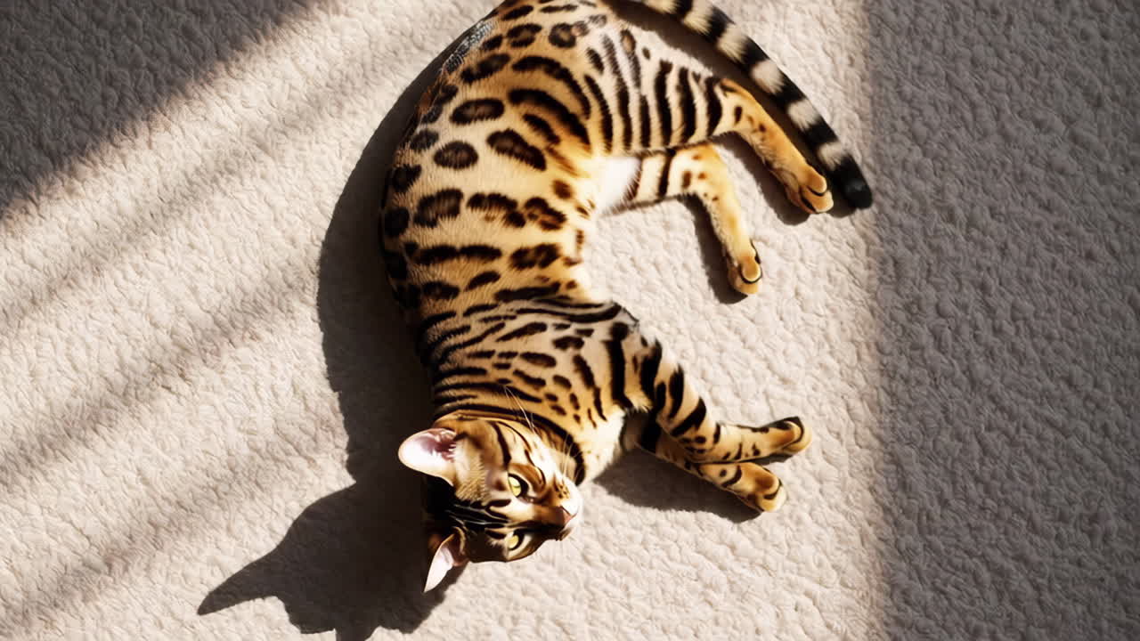 A Bengal cat relaxing on a fluffy white rug in the sunlight