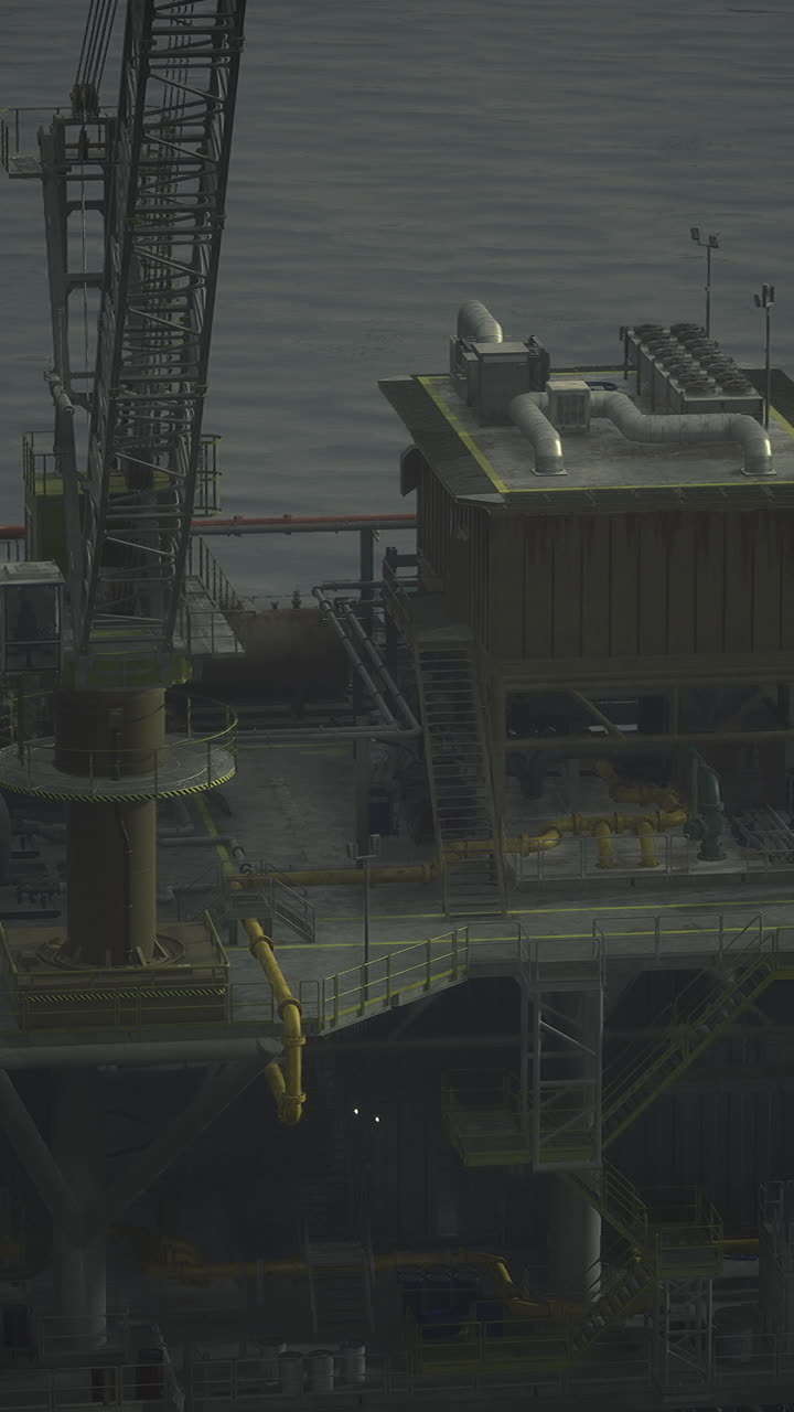 Offshore boreplatform med helikopterlandingsplads i en kystnær vandvej i tusmørke