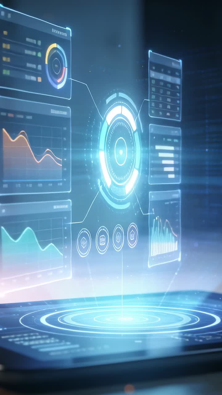 Vertical video: Powering up phone casting rotating HUD ring above desk, showing live data panels