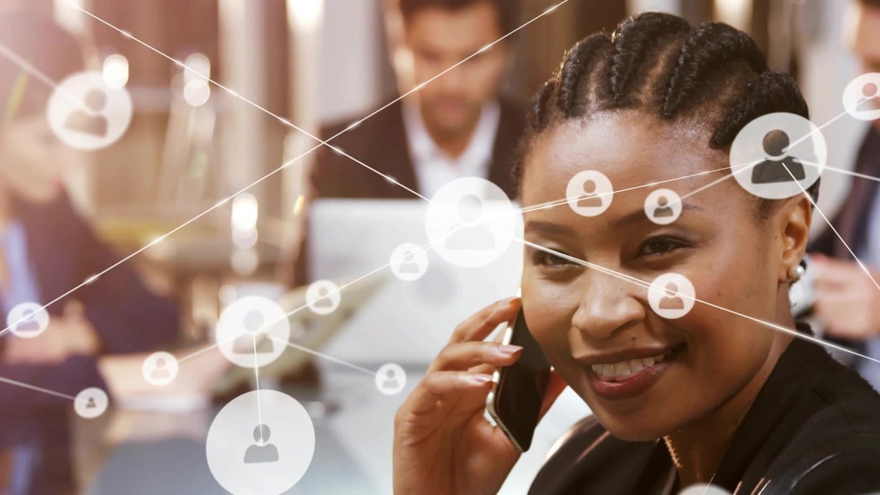 Businesswoman Talking on Smartphone in Modern Office with Digital Network Overlay
