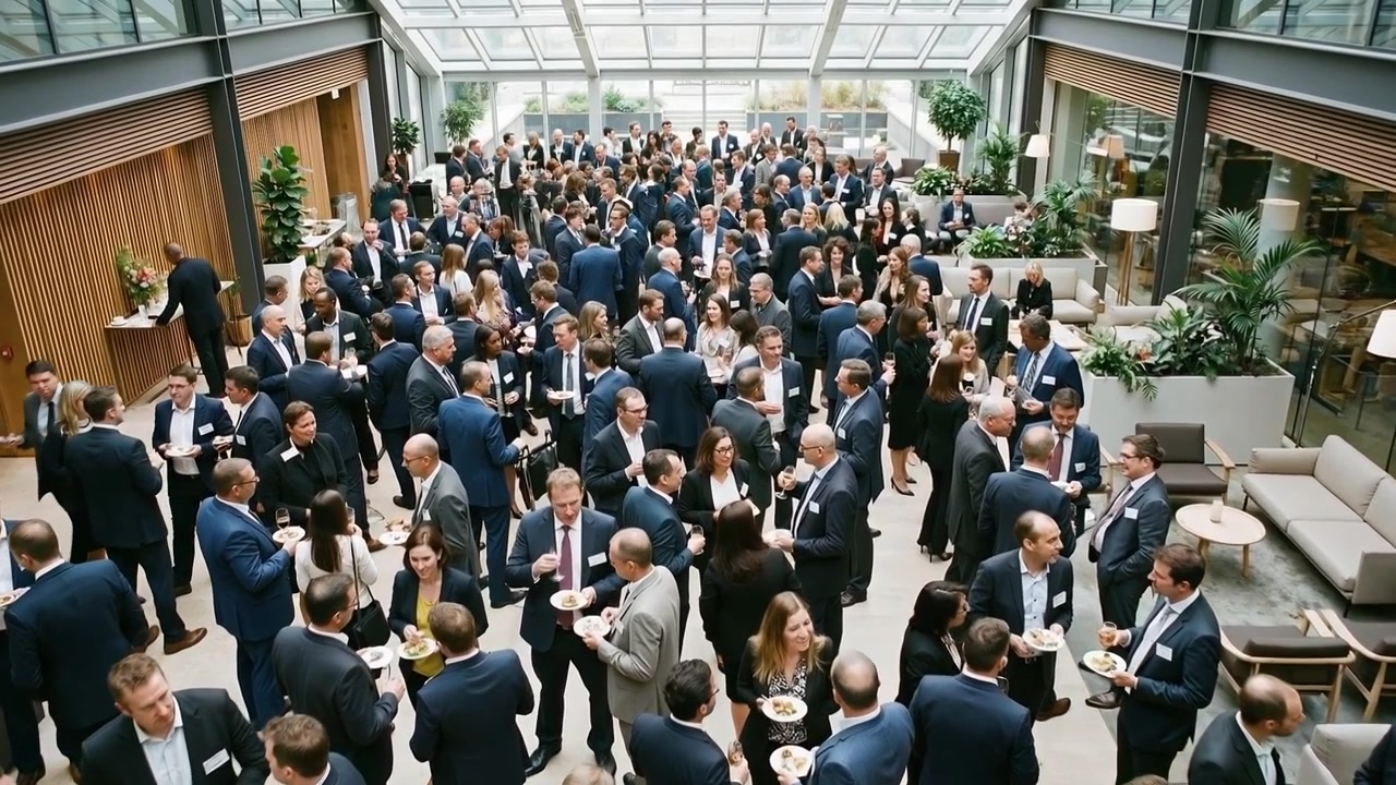 Ampio gruppo di professionisti aziendali che fanno networking in un moderno atrio o hall aziendale