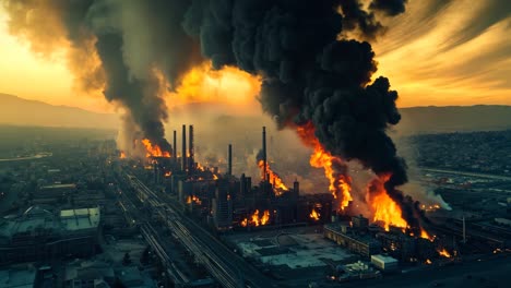 a large plume of black smoke billows out of a factory at sunset