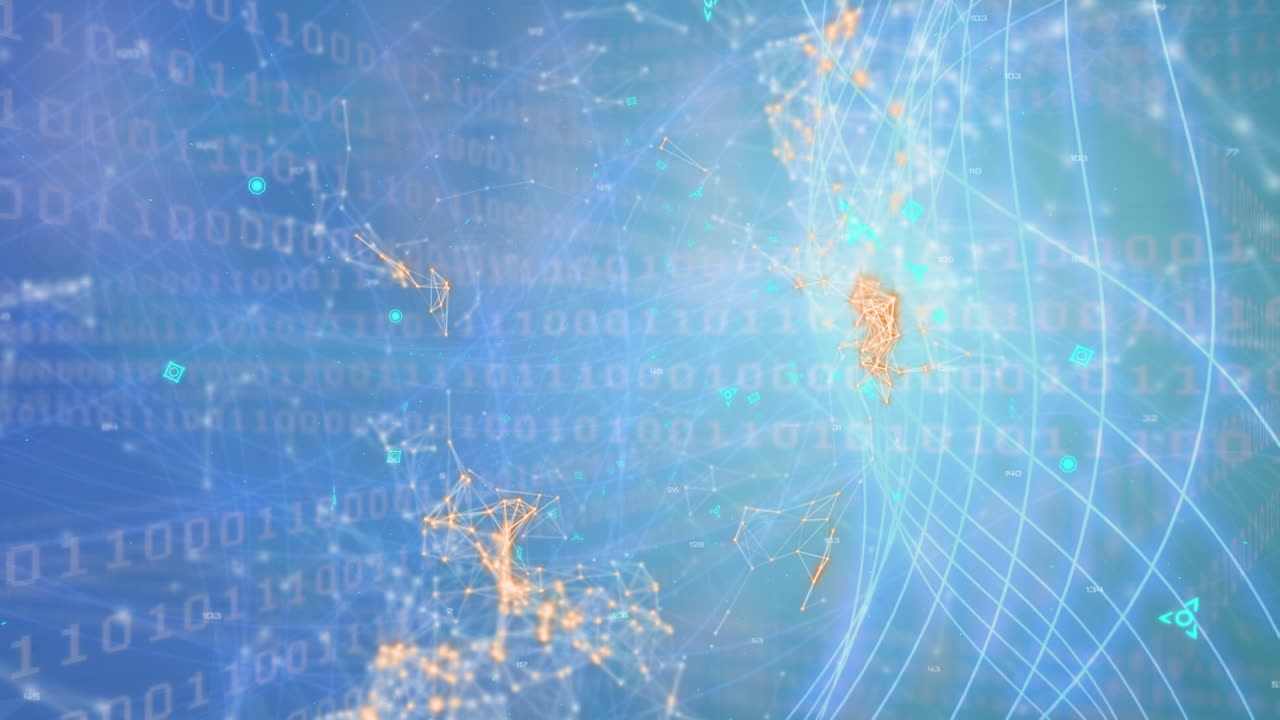 Animation of binary code and moving lines over blue background