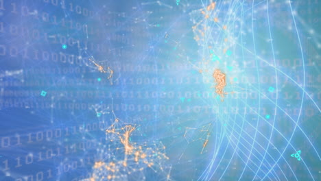 animation of binary code and moving lines over blue background