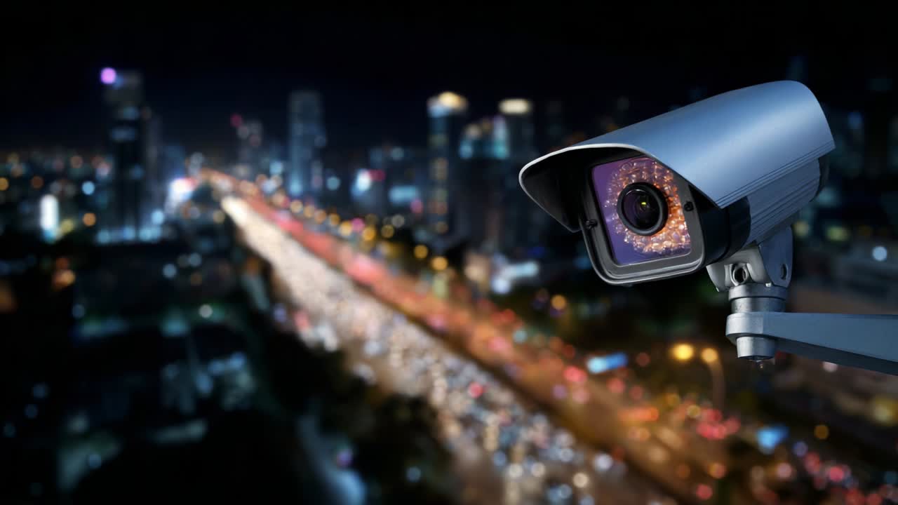 A sophisticated surveillance camera monitors the bustling cityscape at night, capturing the vibrant lights and busy traffic flowing along the thoroughfare while ensuring safety and security in urban environments
