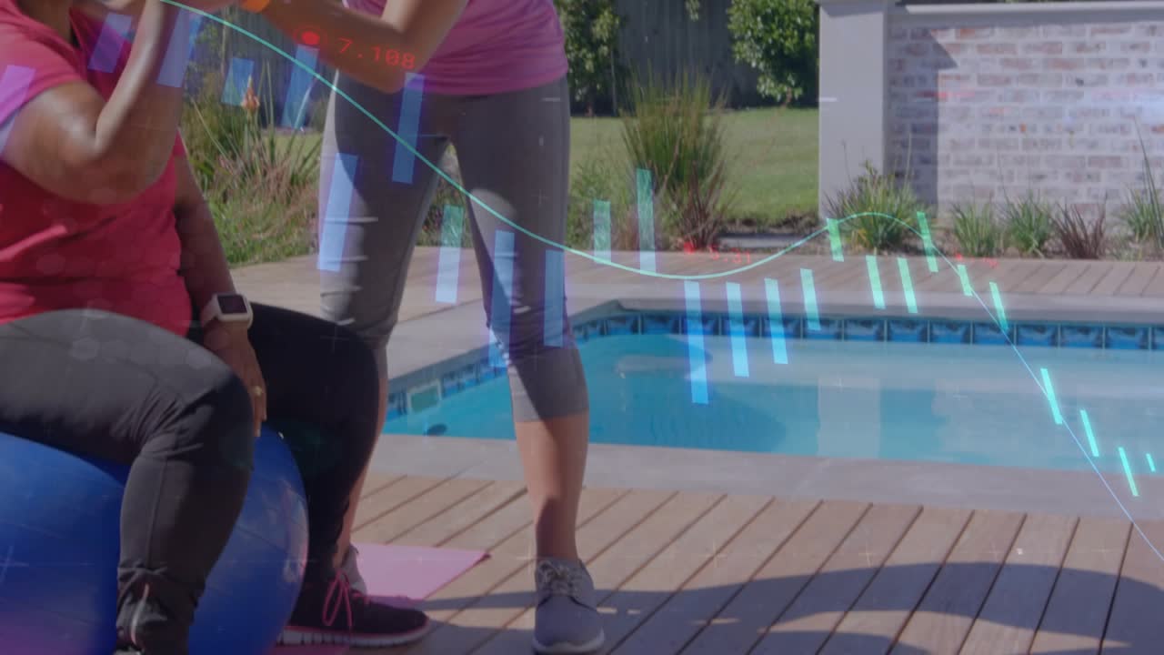 Trainer placing purple weight into senior's grip, guiding fitness curls, live graphs tracking reps