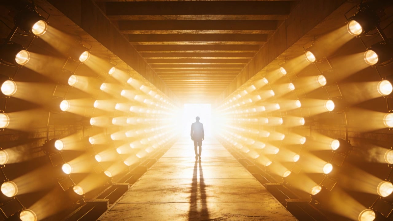 Un uomo in giacca cammina verso una luce intensa che lo attira in un tunnel, con luci e foschia.