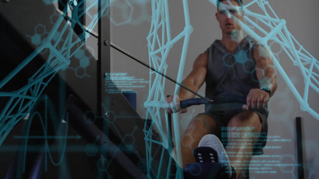 Man rowing on machine and syncing blue graphics tracking muscle effort for fitness