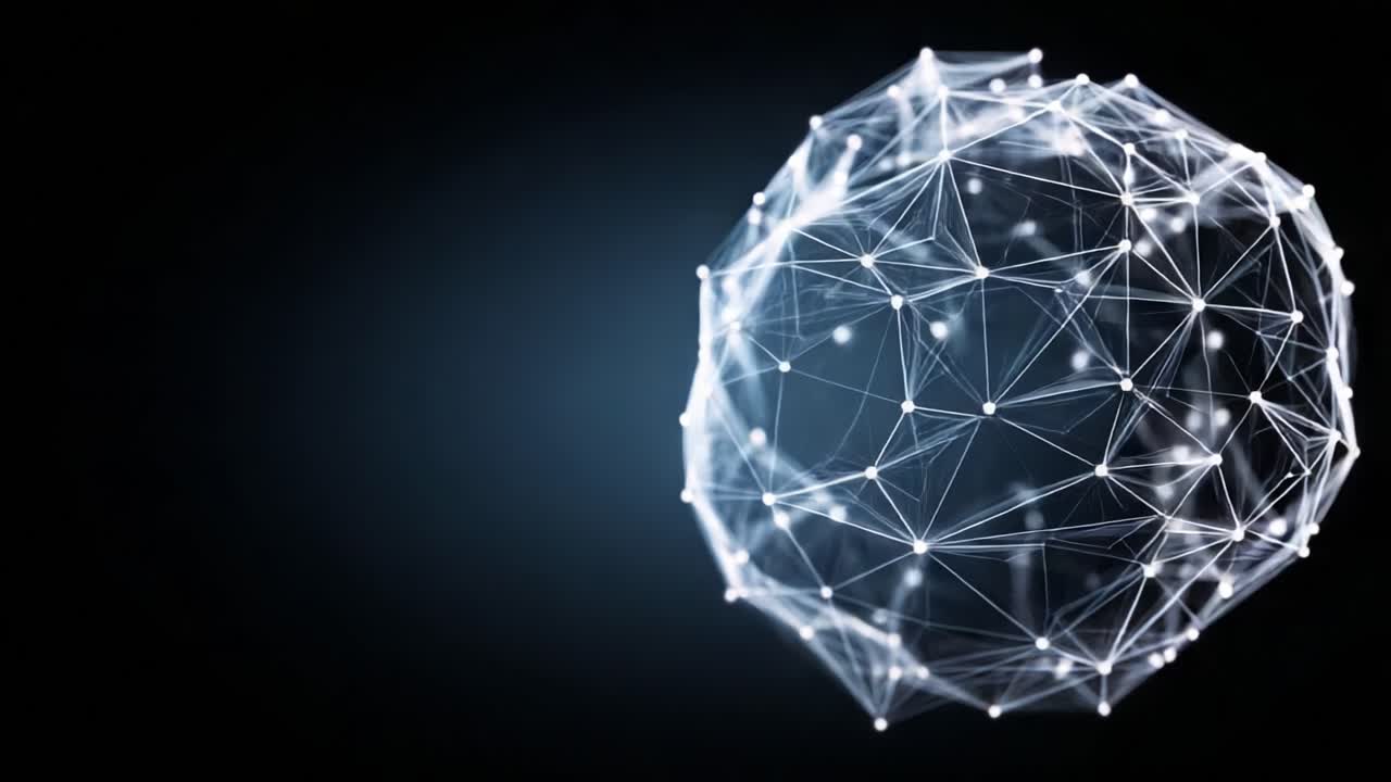 A mesmerizing visualization of interconnected nodes forming a 3D spherical network, showcasing the complexity and beauty of geometric structures in a dark background environment