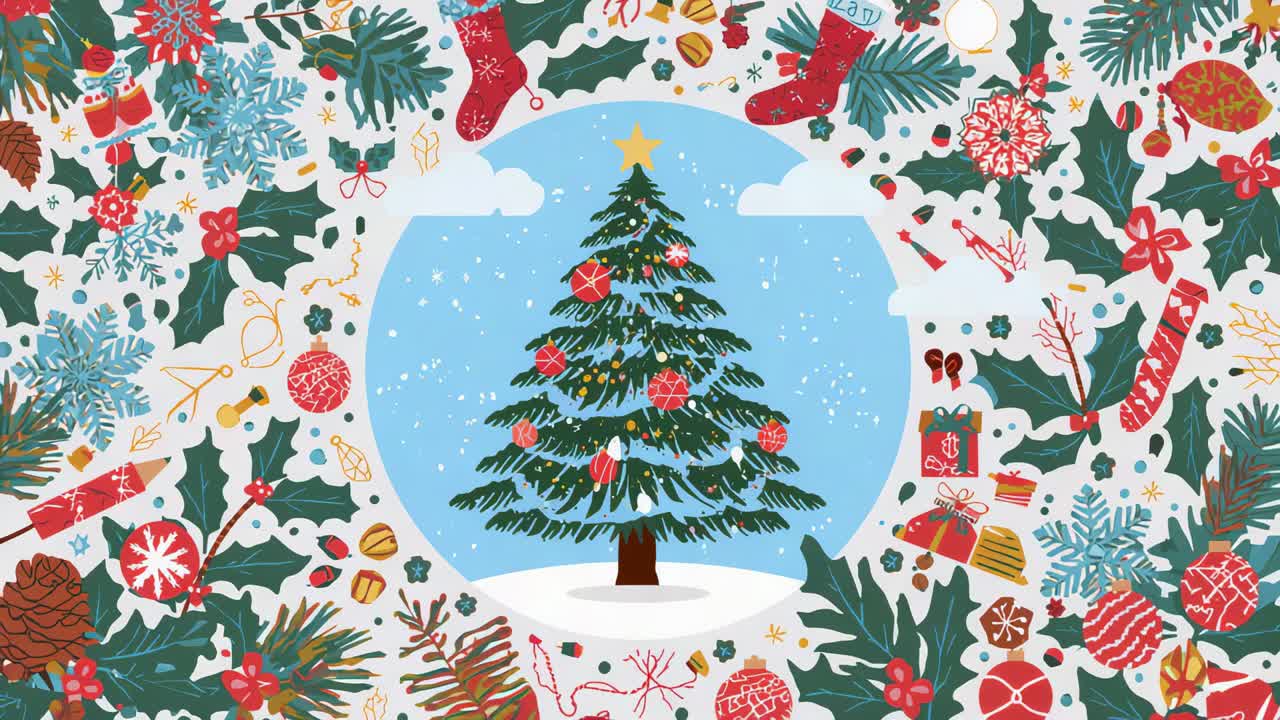 Loop starting star-topped tree twinkling inside snow-globe with falling snow for festive mood