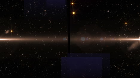 animation of split screen showing moving spotlight with light trail and glowing particles, on black