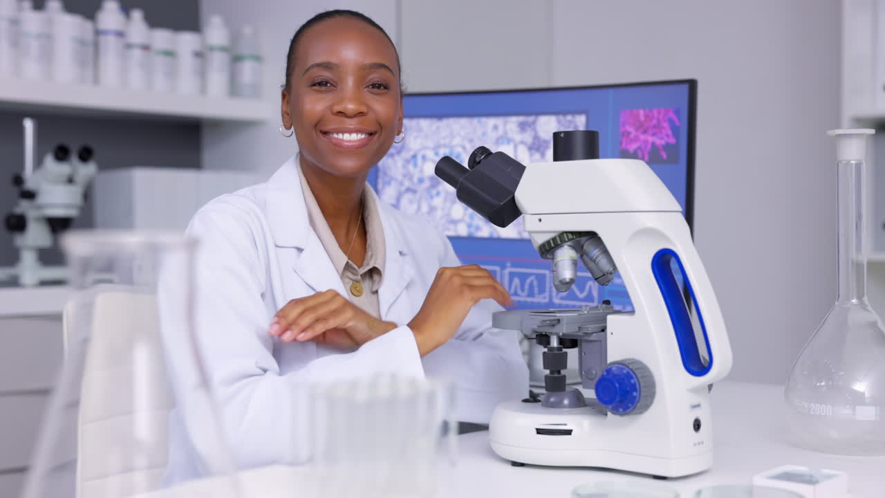 Medical, microscope and face with black woman
