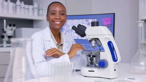 medical, microscope and face with black woman