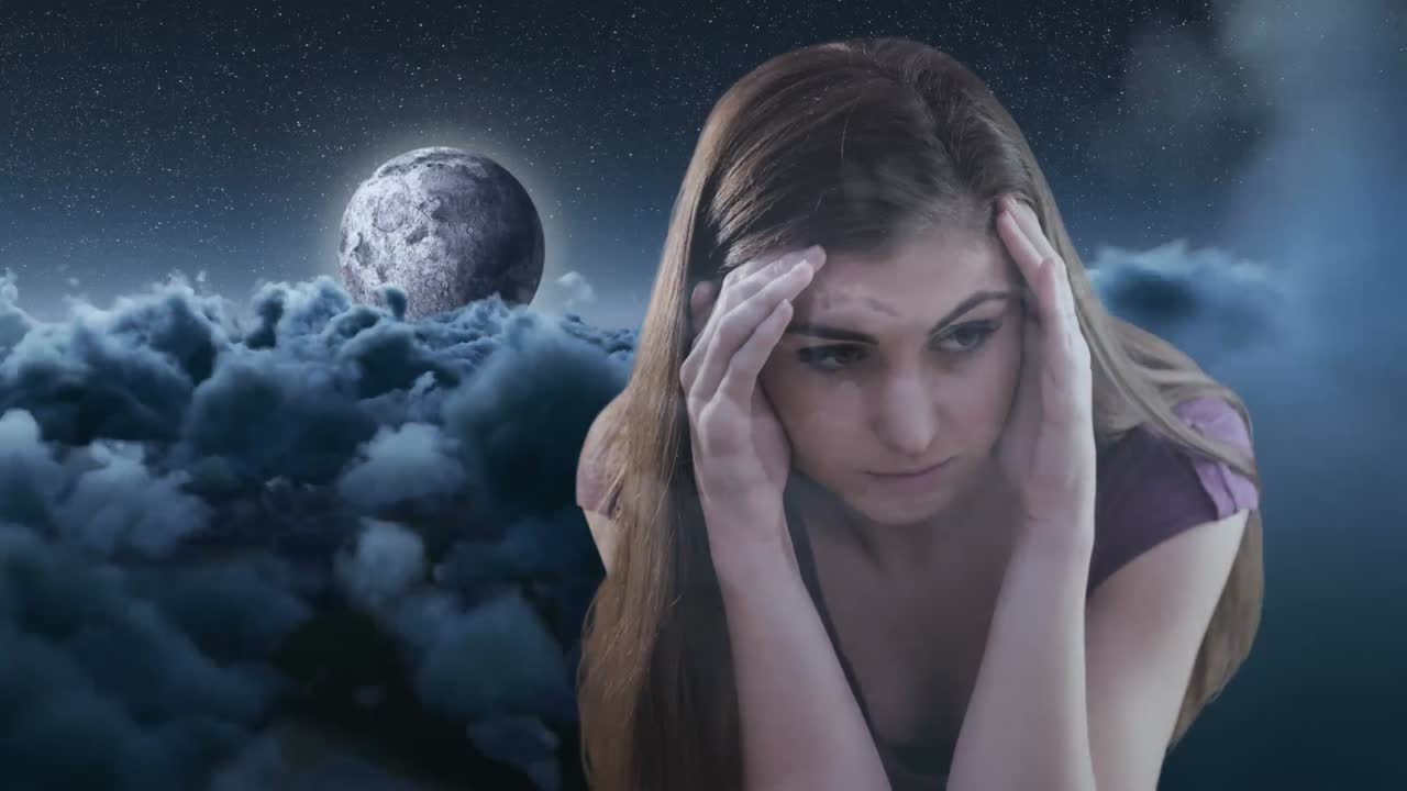 머리에 손을  ⁇ 고 걱정하는 여성의 디지털 애니메이션 4k