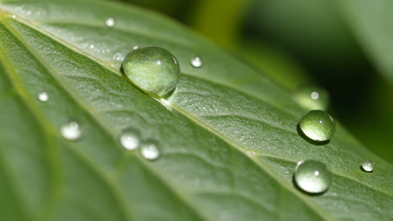 Macro shot of fresh water droplets on a green leaf