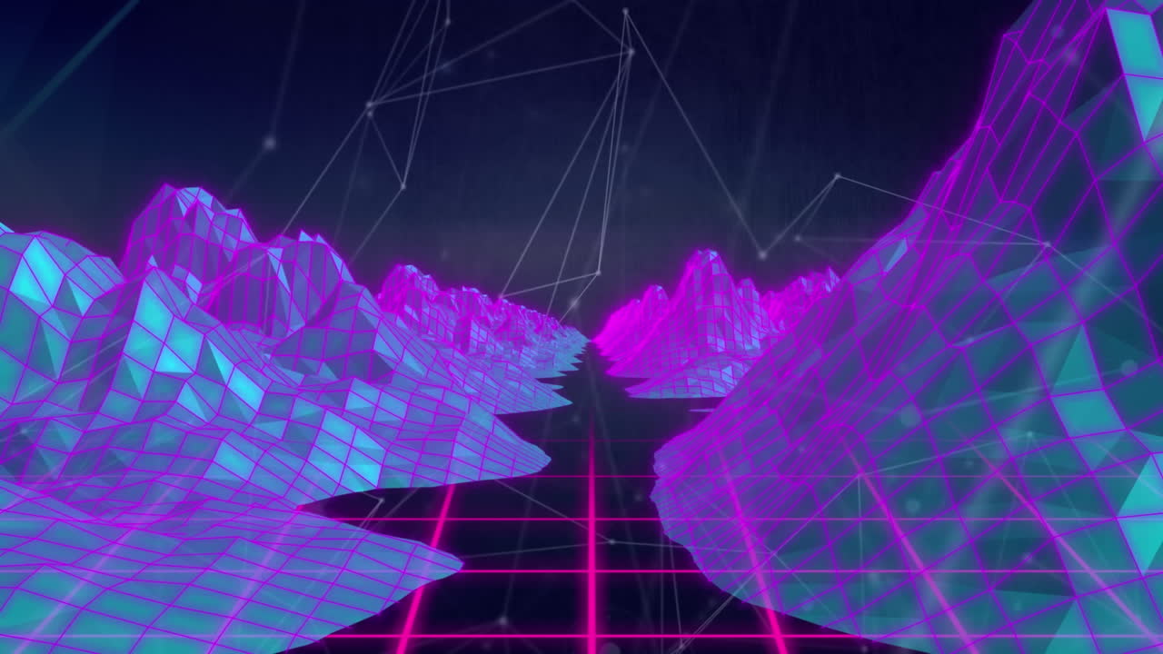 Animation of network of connections over grid and mountains scape