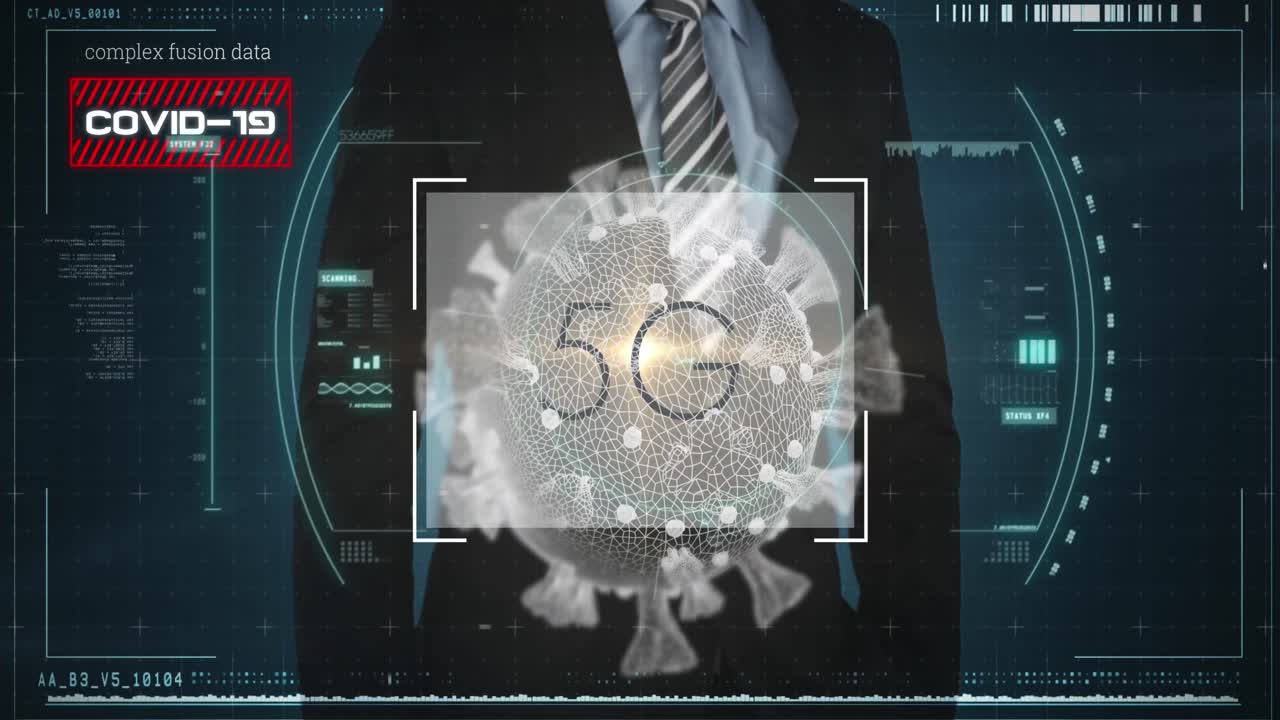 5g 텍스트와 코로나 19 세포를 스캔하는 범위 비즈니스맨의 중간 부분에 대해 눈에 띄지 않습니다.