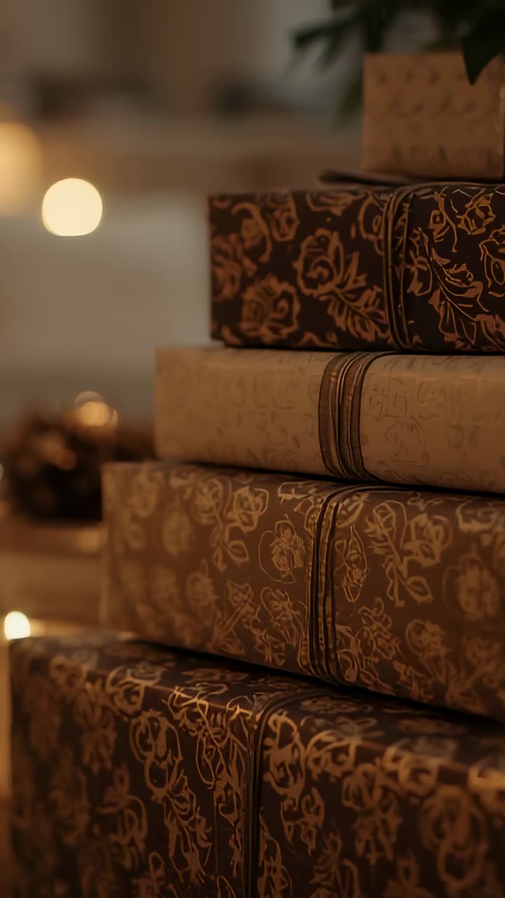 Vertical video: Tilting camera upward in close-up at gift box stack on table by lights, copy space