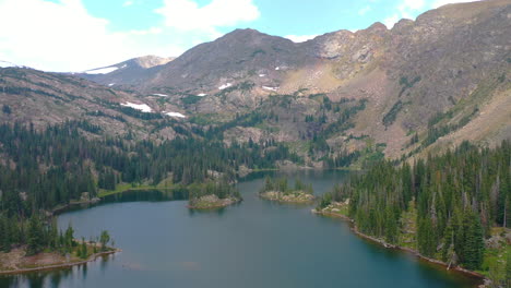 aerial drone footage of beautiful mountain lake view in nederland colorado surrounded by lush pine tree forest during summer in the rocky mountains with clear blue water