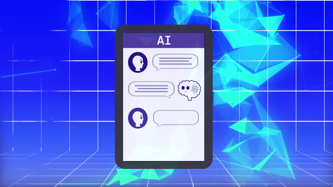 Animation of ai chat and data processing over tablet screen and grid