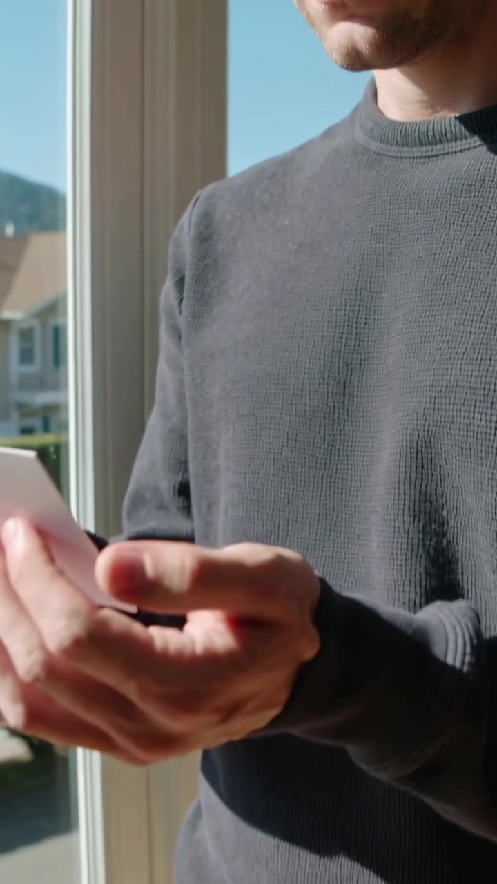 Vertical video: Glancing, man in gray sweater checking white phone for messages at home near window