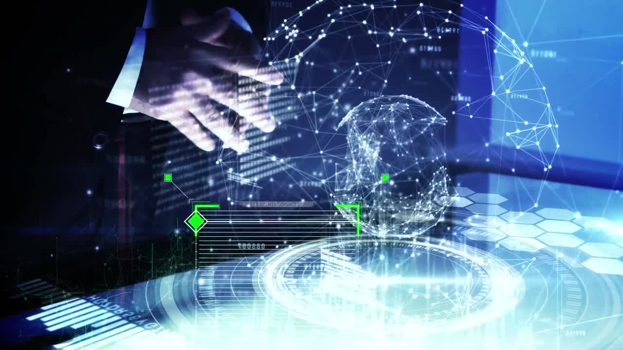 animación de las manos de un empresario caucásico usando pantalla táctil con diversos datos