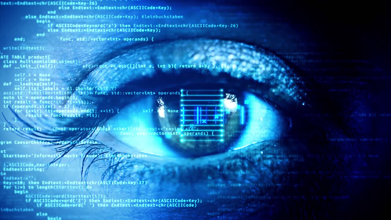 4k loop 3d digital eye scan programming code abstract technology background software developer
