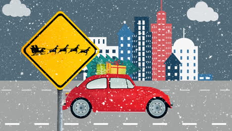 animation of snow falling and sign with santa over city and car at christmas