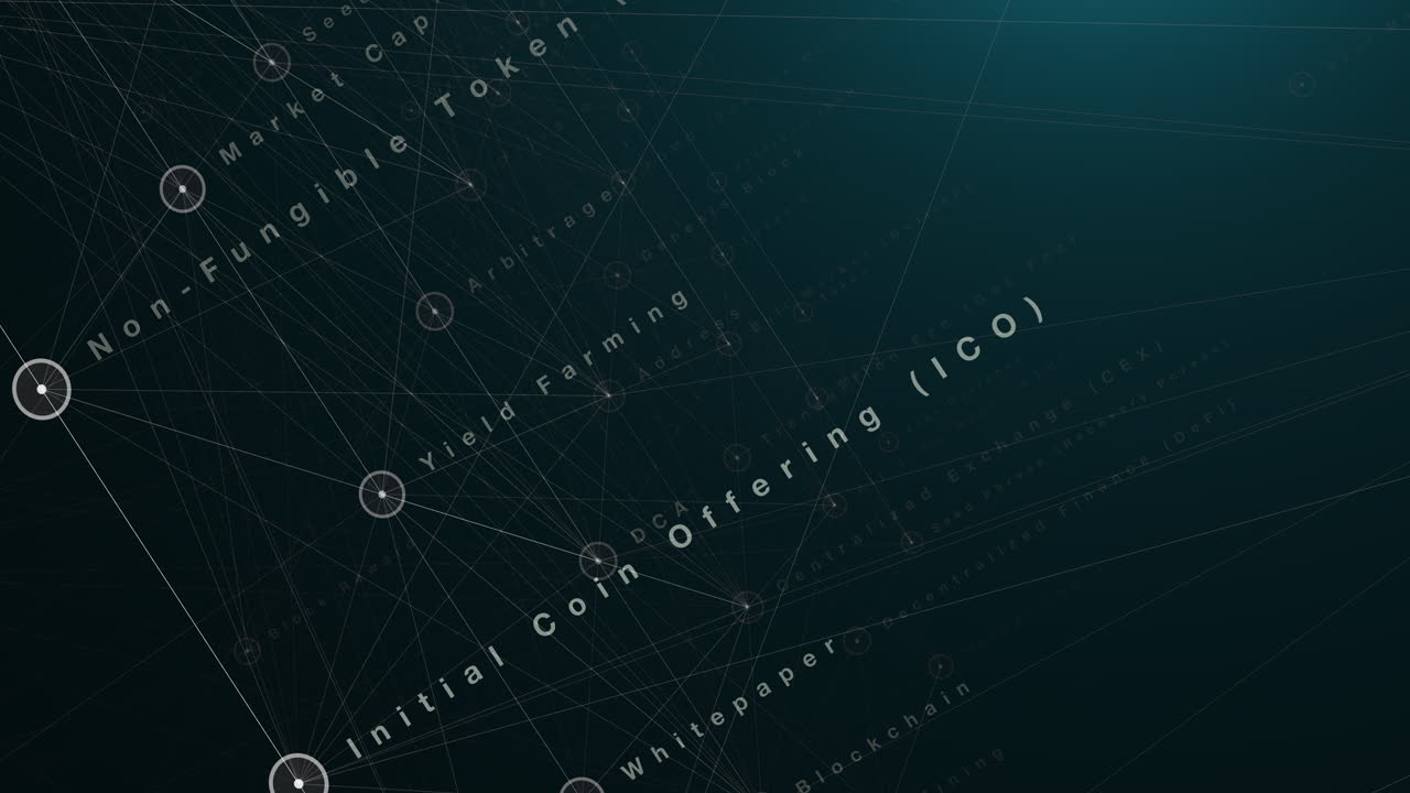 Crypto glossary animates on digital 3D tech HUD user screen background