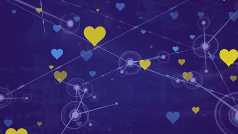 Animation-of-yellow-and-blue-hearts-falling-over-network-of-connections-on-blue-background