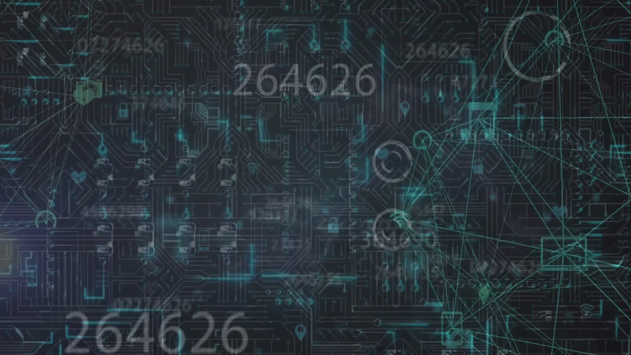 Animation of network of connections and data processing over computer circuit board
