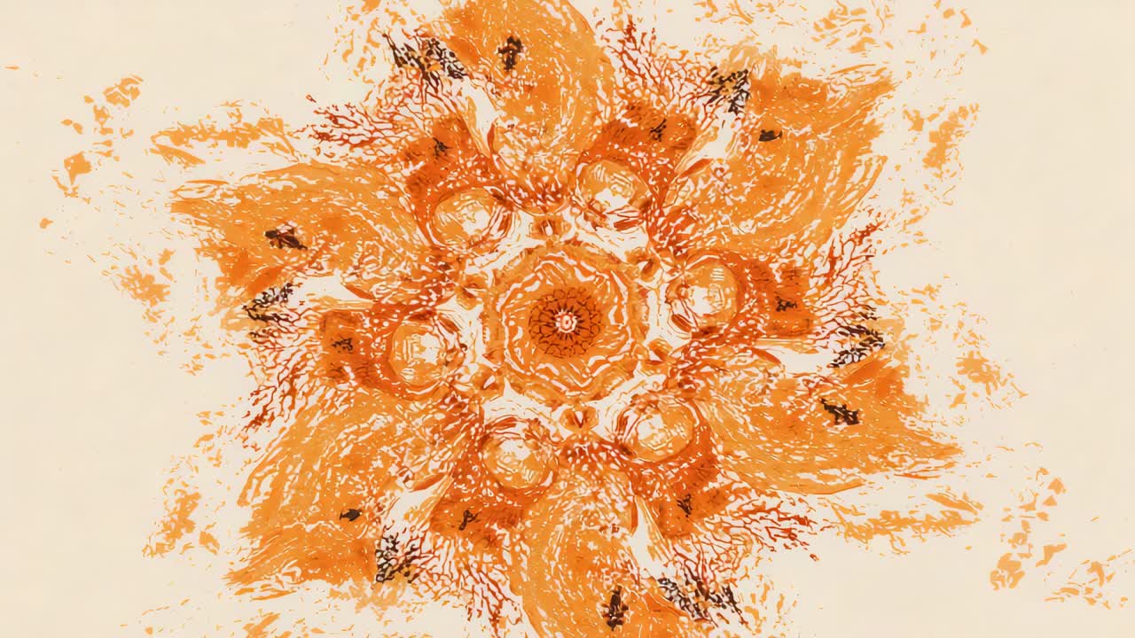 Mandala arancione rotante su area di lavoro beige, sei lobi increspati, macchioline che si muovono con i fotogrammi riprodotti