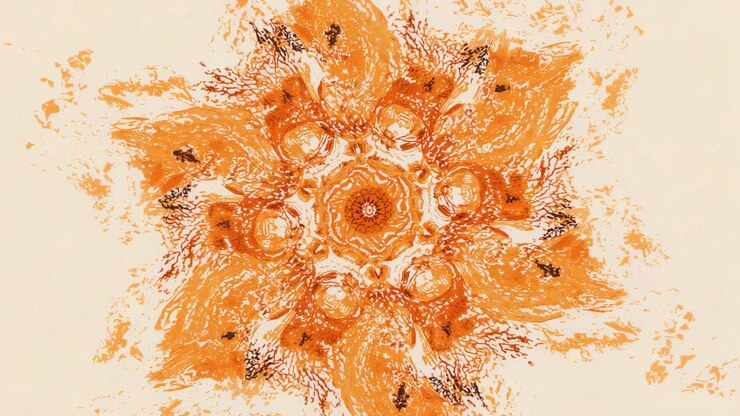 Mandala arancione rotante su area di lavoro beige, sei lobi increspati, macchioline che si muovono con i fotogrammi riprodotti