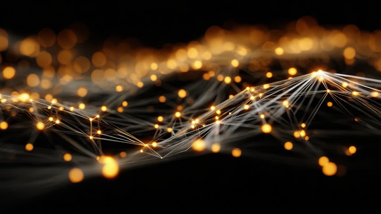 Waving abstract network grid with glowing golden nodes and bokeh lights ...