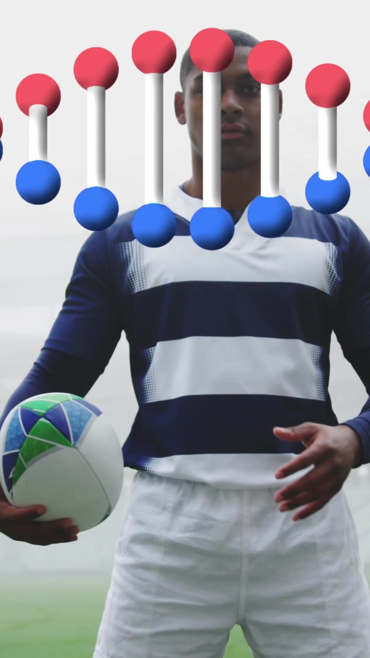 Animasi untai DNA di atas pemain rugbi pria di stadion